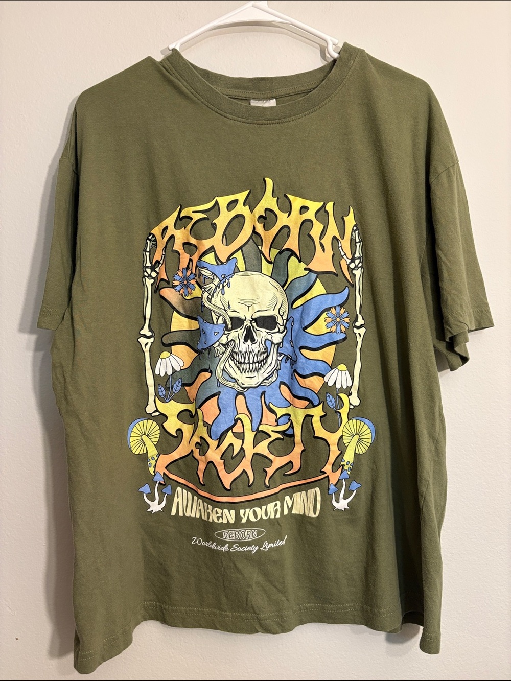 Awaken Your Mind Olive Graphic Skull Tee 100% cotton